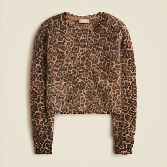 J Crew Brushed Cashmere Crop Fit Crewneck Sweater in Leopard Print XS $158 CE684 - Picture 15 of 16